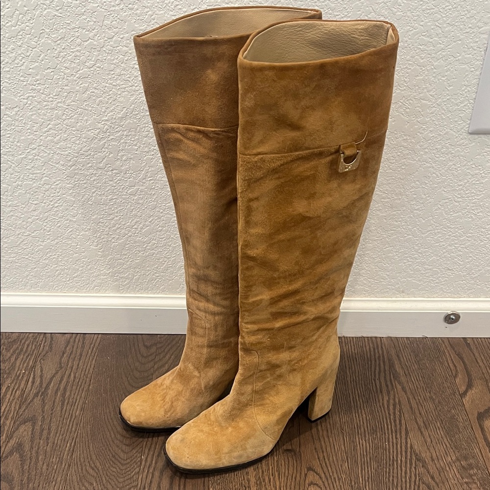 DVF Diane von Furstenberg Tan Suede Knee High Boots Block Heel